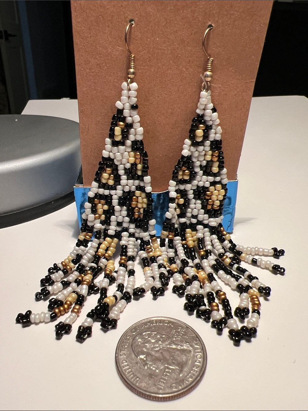 Handmade White, Black & Gold Beaded Fringe Earrings - Women Jewelry